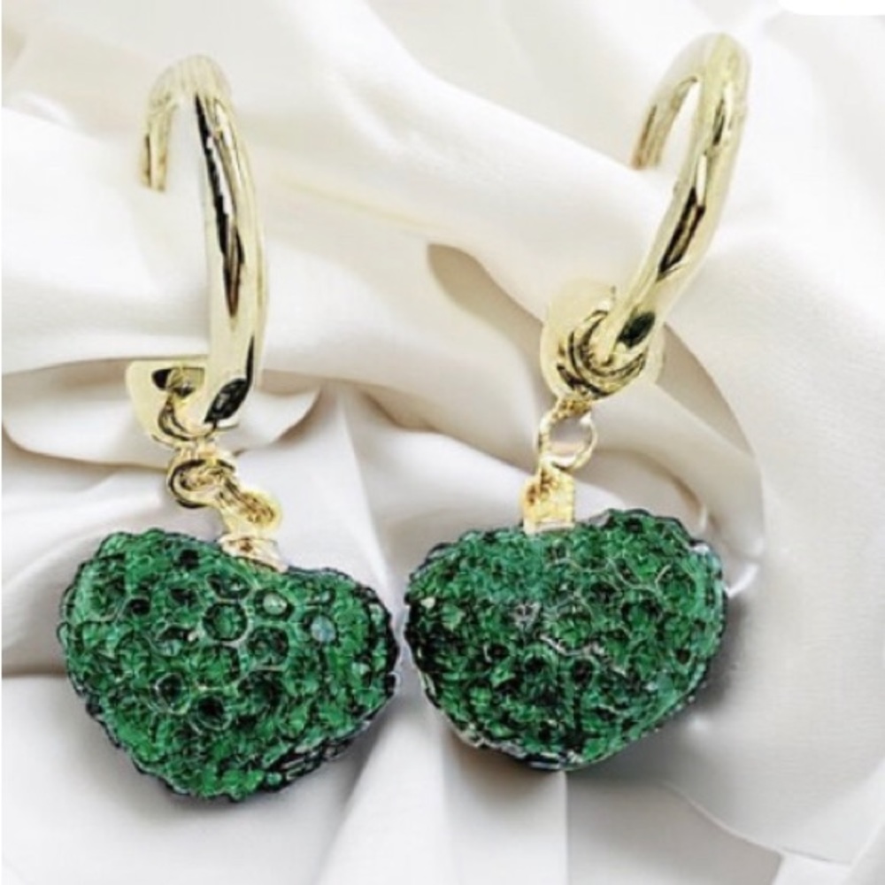 Green Crystal Sparkling Heart Hoop Dangle Earrings